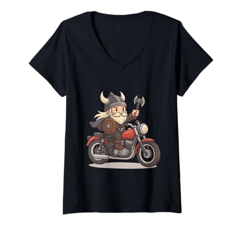 Damen Wikinger Reiten Motorrad Jungen Mädchen Männer Frauen Kinder Erwachsene T-Shirt mit V-Ausschnitt von Viking Riding A Motorcycle Rainbow Shop