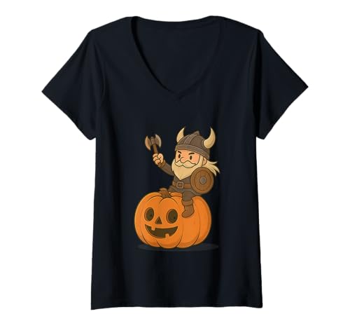 Damen Wikinger reitet einen Kürbis Jungen Mädchen Männer Frauen Kinder Erwachsene T-Shirt mit V-Ausschnitt von Viking Riding A Pumpkin Rainbow Shop Halloween