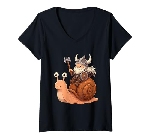 Damen Wikinger Reiten Schnecke Jungen Mädchen Männer Frauen Kinder Erwachsene T-Shirt mit V-Ausschnitt von Viking Riding A Snail Rainbow Shop