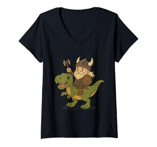 Damen Wikinger reitet einen Dinosaurier Jungen Mädchen Männer Frauen Kinder Erwachsene T-Shirt mit V-Ausschnitt von Viking Riding A T. Rex Rainbow Shop