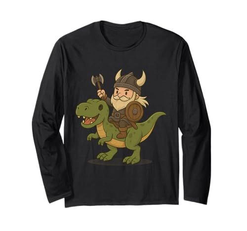Wikinger reitet einen Dinosaurier Jungen Mädchen Männer Frauen Kinder Erwachsene Langarmshirt von Viking Riding A T. Rex Rainbow Shop