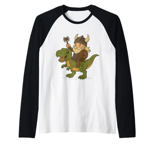 Wikinger reitet einen Dinosaurier Jungen Mädchen Männer Frauen Kinder Erwachsene Raglan von Viking Riding A T. Rex Rainbow Shop