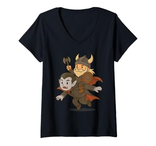 Damen Wikinger reitet einen Vampir Jungen Mädchen Männer Frauen Kinder Erwachsene T-Shirt mit V-Ausschnitt von Viking Riding A Vampire Rainbow Shop
