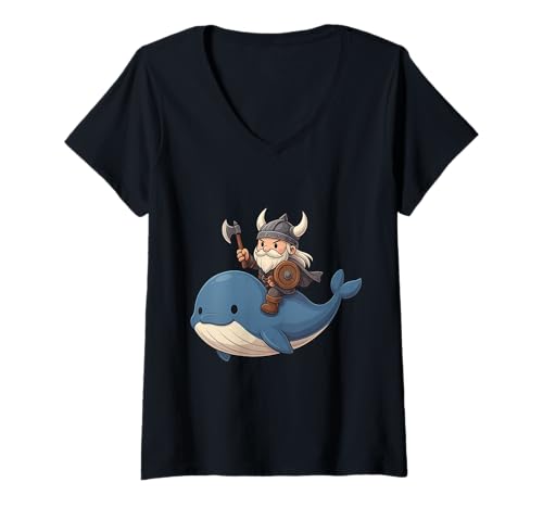Damen Wikinger reitet einen Wal Jungen Mädchen Männer Frauen Kinder Erwachsene T-Shirt mit V-Ausschnitt von Viking Riding A Whale Rainbow Shop