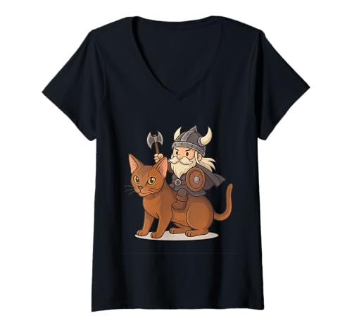Damen Wikinger Reiten Abessinier Katze Jungen Mädchen Männer Frauen Kinder Erwachsene T-Shirt mit V-Ausschnitt von Viking Riding Abyssinian Cat Rainbow Shop