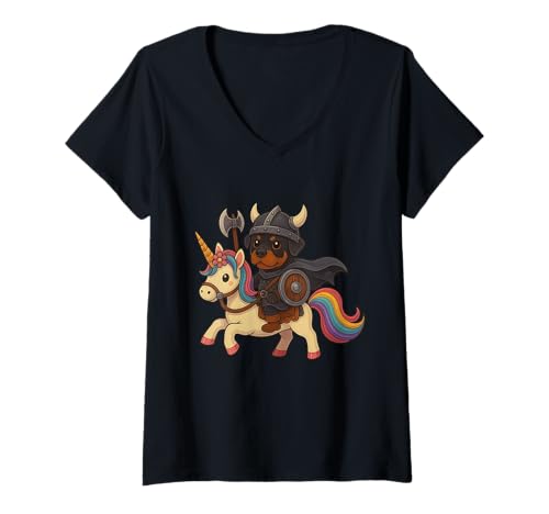 Damen Wikinger Rottweiler reitet EIN Einhorn Jungen Mädchen Männer Frauen Kinder T-Shirt mit V-Ausschnitt von Viking Rottweiler Riding A Unicorn Rainbow Shop