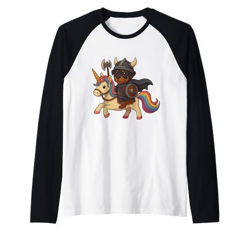 Wikinger Rottweiler reitet EIN Einhorn Jungen Mädchen Männer Frauen Kinder Raglan von Viking Rottweiler Riding A Unicorn Rainbow Shop