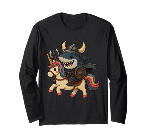 Wikinger Hai reitet EIN Einhorn Jungen Mädchen Männer Frauen Kinder Langarmshirt von Viking Shark Riding A Unicorn Rainbow Shop