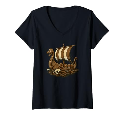 Damen Lustiges Wikingerschiff Kostüm für Jungen und Mädchen T-Shirt mit V-Ausschnitt von Viking Ship Outfit