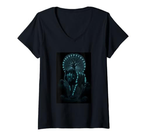 Damen Viking Odin Hugin & Munin Vegvisir Wikinger Geschenke Wolf T-Shirt mit V-Ausschnitt von Viking Store Hugin & Munin Odin Vegvisir