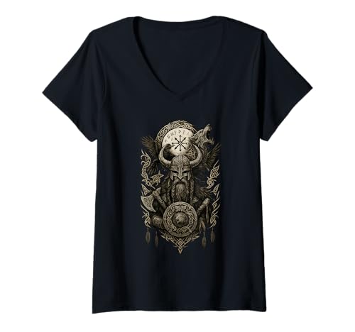 Damen Viking Odin Hugin & Munin Vegvisir Wikinger Geschenke Wolf T-Shirt mit V-Ausschnitt von Viking Store Hugin & Munin