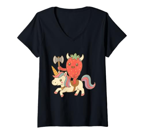Damen Wikinger Erdbeere reitet EIN Einhorn Jungen Mädchen Männer Frauen Kinder T-Shirt mit V-Ausschnitt von Viking Strawberry Riding A Unicorn Rainbow Shop