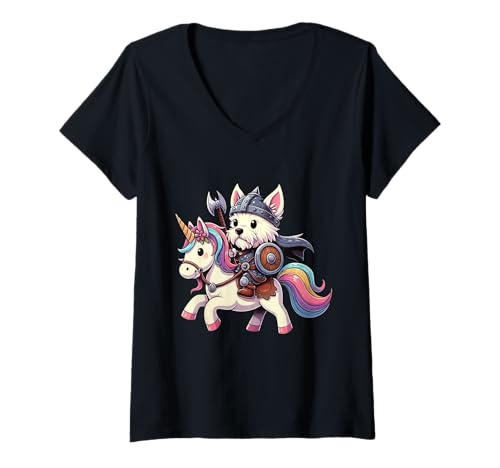 Damen Viking West Highland Terrier reitet EIN Einhorn Jungen Mädchen Herren T-Shirt mit V-Ausschnitt von Viking Terrier Dog Riding A Unicorn Rainbow Shop
