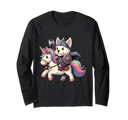 Viking West Highland Terrier reitet EIN Einhorn Jungen Mädchen Herren Langarmshirt von Viking Terrier Dog Riding A Unicorn Rainbow Shop