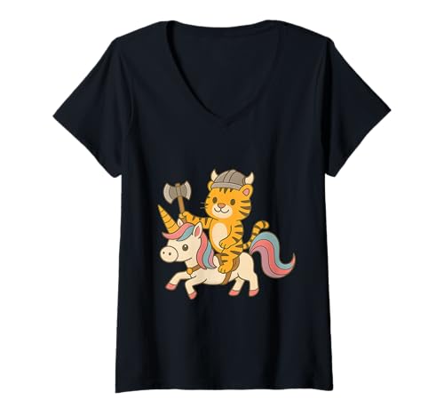Damen Wikinger Tiger reitet EIN Einhorn Jungen Mädchen Männer Frauen Kinder T-Shirt mit V-Ausschnitt von Viking Tiger Riding A Unicorn Rainbow Shop