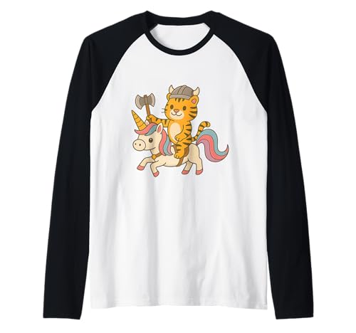 Wikinger Tiger reitet EIN Einhorn Jungen Mädchen Männer Frauen Kinder Raglan von Viking Tiger Riding A Unicorn Rainbow Shop