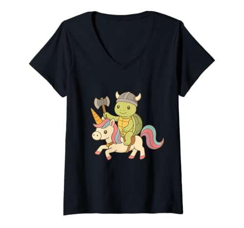 Damen Wikinger Schildkröte reitet EIN Einhorn Jungen Mädchen Männer Frauen Kinder T-Shirt mit V-Ausschnitt von Viking Turtle Riding A Unicorn Rainbow Shop