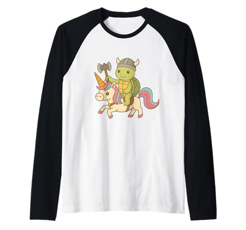 Wikinger Schildkröte reitet EIN Einhorn Jungen Mädchen Männer Frauen Kinder Raglan von Viking Turtle Riding A Unicorn Rainbow Shop