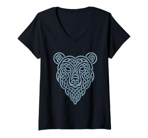 Damen Berserker Bär Bärenkopf Keltische Tribal Knoten Wikinger T-Shirt mit V-Ausschnitt Damen Berserker Bär Bärenkopf Keltische Tribal Knoten Wikinger T-Shirt mit V-Ausschnitt von Viking Valhalla Krieger Normanne Runenkreis Götter