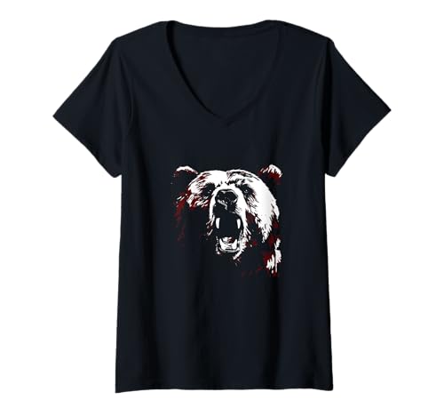 Damen Berserker Bär Krieger Odin Nordische Mythologie Wikinger T-Shirt mit V-Ausschnitt Damen Berserker Bär Krieger Odin Nordische Mythologie Wikinger T-Shirt mit V-Ausschnitt von Viking Valhalla Krieger Normanne Runenkreis Götter