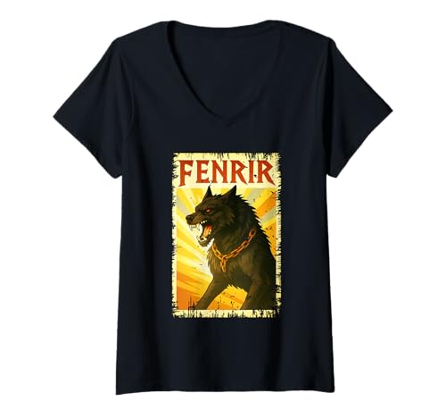 Damen Fenrir Wolf Odins Fenrirwolf Wikinger Wolf Krieger Walhalla T-Shirt mit V-Ausschnitt Damen Fenrir Wolf Odins Fenrirwolf Wikinger Wolf Krieger Walhalla T-Shirt mit V-Ausschnitt von Viking Valhalla Krieger Normanne Runenkreis Götter