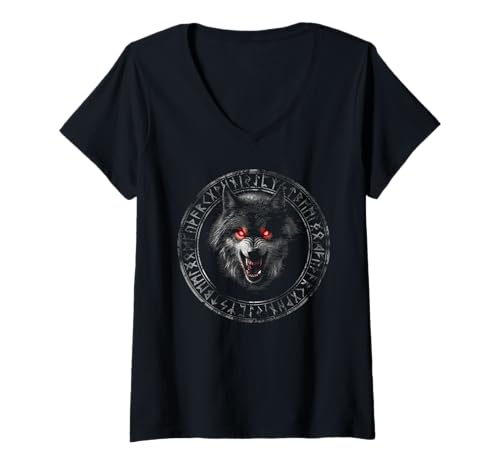 Damen Fenrir Wolf Odins Runen Fenriswolf Wikinger Krieger Walhalla T-Shirt mit V-Ausschnitt Damen Fenrir Wolf Odins Runen Fenriswolf Wikinger Krieger Walhalla T-Shirt mit V-Ausschnitt von Viking Valhalla Krieger Normanne Runenkreis Götter