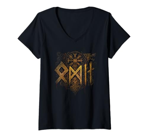 Damen Odin Schrift Walhalla Fenrir Wolf Vegvisir Symbol Wikinger T-Shirt mit V-Ausschnitt Damen Odin Schrift Walhalla Fenrir Wolf Vegvisir Symbol Wikinger T-Shirt mit V-Ausschnitt von Viking Valhalla Krieger Normanne Runenkreis Götter