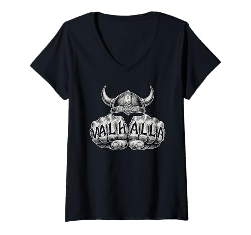 Damen Walhalla Faust Valknut Symbol nordische Mythologie Wikinger T-Shirt mit V-Ausschnitt Damen Walhalla Faust Valknut Symbol nordische Mythologie Wikinger T-Shirt mit V-Ausschnitt von Viking Valhalla Krieger Normanne Runenkreis Götter
