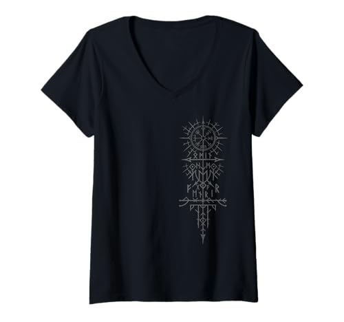 Damen Walhalla Odin Fenrir Wolf Runen Nordischer Kompass Wikinger T-Shirt mit V-Ausschnitt von Viking Valhalla Krieger Normanne Runenkreis Götter