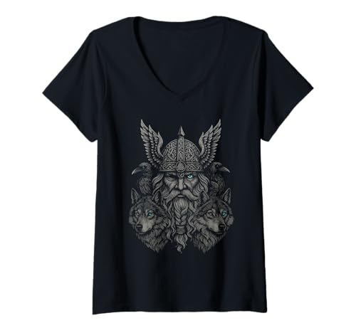 Damen Walhalla Odin Totentiere Rabe Wolf Nordische Mythen Wikinger T-Shirt mit V-Ausschnitt Damen Walhalla Odin Totentiere Rabe Wolf Nordische Mythen Wikinger T-Shirt mit V-Ausschnitt von Viking Valhalla Krieger Normanne Runenkreis Götter
