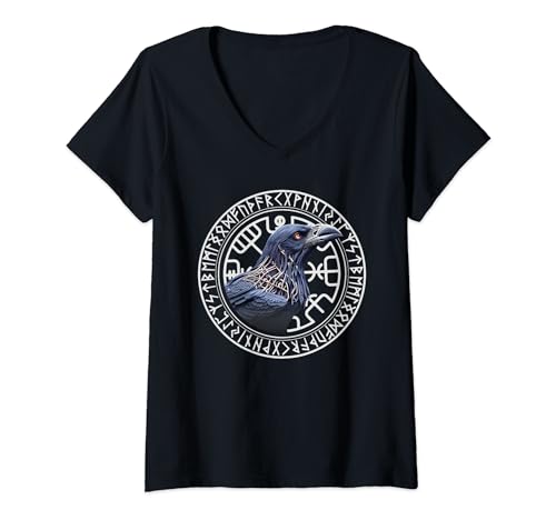 Damen Walhalla Rabe Raben Odins Runen Nordischer Kompass Wikinger T-Shirt mit V-Ausschnitt von Viking Valhalla Krieger Normanne Runenkreis Götter