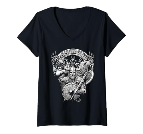 Damen Walhalla Vegvisir Odins Totentiere Rabe Wolf Bär Wikinger T-Shirt mit V-Ausschnitt Damen Walhalla Vegvisir Odins Totentiere Rabe Wolf Bär Wikinger T-Shirt mit V-Ausschnitt von Viking Valhalla Krieger Normanne Runenkreis Götter