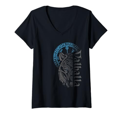 Damen Walhalla Wolf Maske Odin Runen Nordischer Kompass Wikinger T-Shirt mit V-Ausschnitt von Viking Valhalla Krieger Normanne Runenkreis Götter