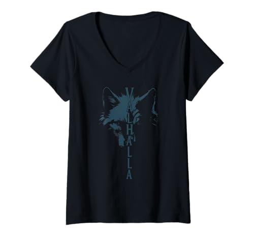 Damen Walhalla Wolf Wölfe Odins Begleiter Geri und Freki Wikinger T-Shirt mit V-Ausschnitt Damen Walhalla Wolf Wölfe Odins Begleiter Geri und Freki Wikinger T-Shirt mit V-Ausschnitt von Viking Valhalla Krieger Normanne Runenkreis Götter