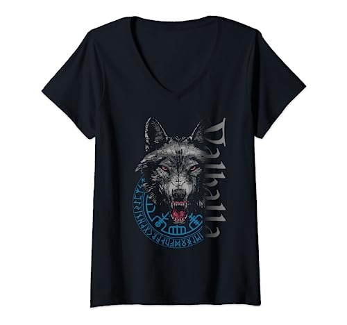 Damen Walhalla Wolf Wölfe Odins Runen Nordischer Kompass Wikinger T-Shirt mit V-Ausschnitt Damen Walhalla Wolf Wölfe Odins Runen Nordischer Kompass Wikinger T-Shirt mit V-Ausschnitt von Viking Valhalla Krieger Normanne Runenkreis Götter