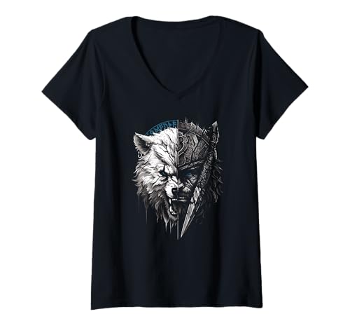 Damen Wolf Odins Krieger Odin Runen Nordische Mythologie Wikinger T-Shirt mit V-Ausschnitt von Viking Valhalla Krieger Normanne Runenkreis Götter