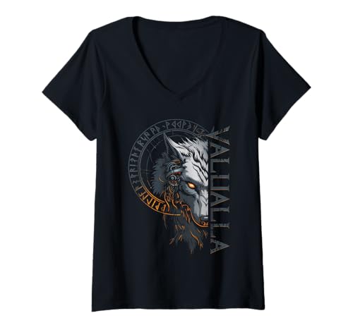 Damen Wolves Odins Runes Nordic Compass Viking Walhalla Wolf T-Shirt mit V-Ausschnitt Damen Wolves Odins Runes Nordic Compass Viking Walhalla Wolf T-Shirt mit V-Ausschnitt von Viking Valhalla Krieger Runenkreis Götter