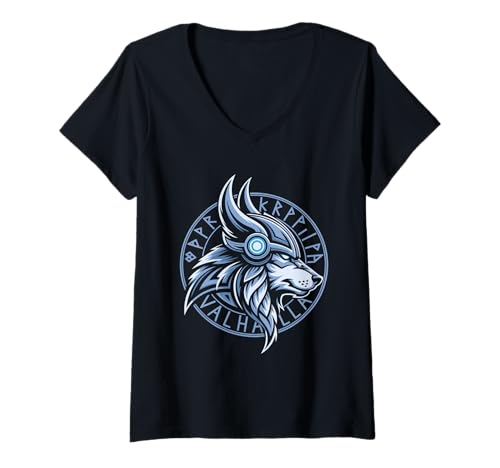 Damen Valhalla Wolf Maske Odin Runen nordischer Kompass Wikinger T-Shirt mit V-Ausschnitt Damen Valhalla Wolf Maske Odin Runen nordischer Kompass Wikinger T-Shirt mit V-Ausschnitt von Viking Valhalla Warrior Norman Rune Circle