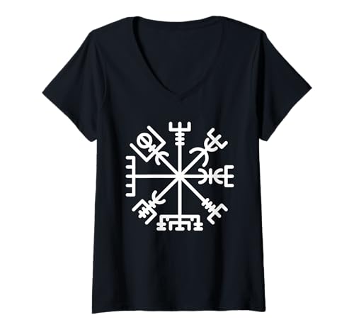 Damen Isländisches Vegvisir-Schutzsymbol T-Shirt mit V-Ausschnitt Damen Isländisches Vegvisir-Schutzsymbol T-Shirt mit V-Ausschnitt von Viking Vegvisir Merch GA