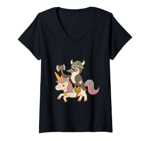 Damen Wikinger Specht reitet EIN Einhorn Jungen Mädchen Männer Frauen Kinder T-Shirt mit V-Ausschnitt von Viking Woodpecker Riding A Unicorn Rainbow Shop