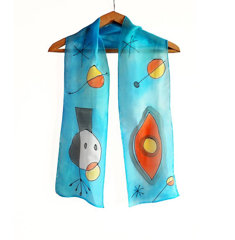 Handbemalter Seidenschal. Joan Miro Schal. Berühmte Kunst Langer Von Hand Bemaltes Abstraktes Dreieckstuch. Einzigartiges Weihnachtsgeschenk Für von ViktoriaArtHouse