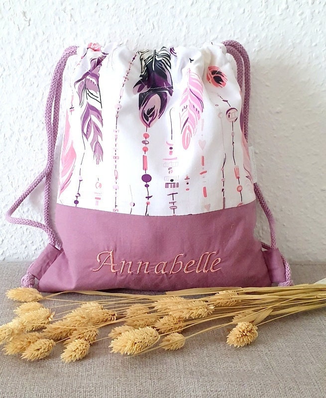 Turnbeutel Feder Wäschebeutel Mit Namen Weiß Lila Personalisiert Mädchen von ViktoriasTraum