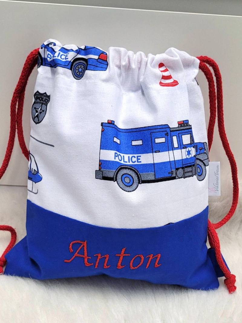 Turnbeutel Polizei Wäschebeutel Mit Namen Blau Polizeiwagen Hubschrauber von ViktoriasTraum