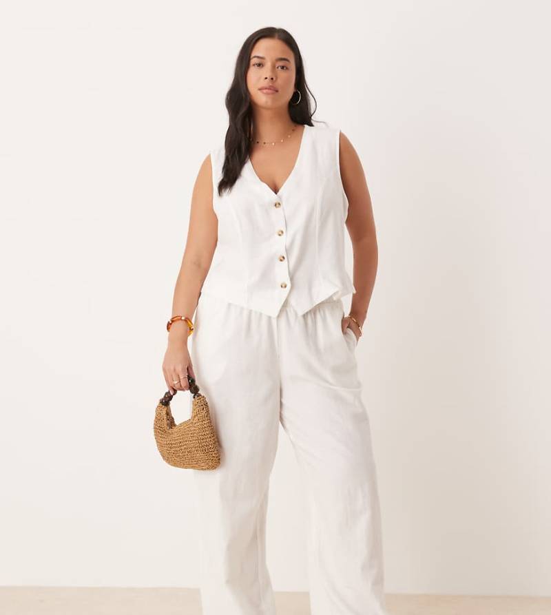 VILA Curve - Elegante Hose mit weitem Bein in Weiß mit Leinenanteil, Kombiteil von Vila Curve