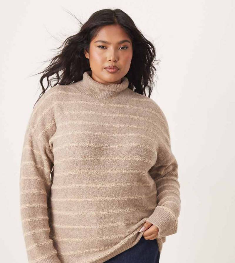 VILA Curve - Hochgeschlossener, strukturierter Strickpullover in Beige mit farblich abgestimmten Streifen-Neutral von Vila Curve