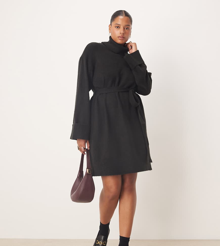 VILA Curve - Hochgeschlossenes Mini-Strickkleid in Schwarz mit Bindegürtel von Vila Curve