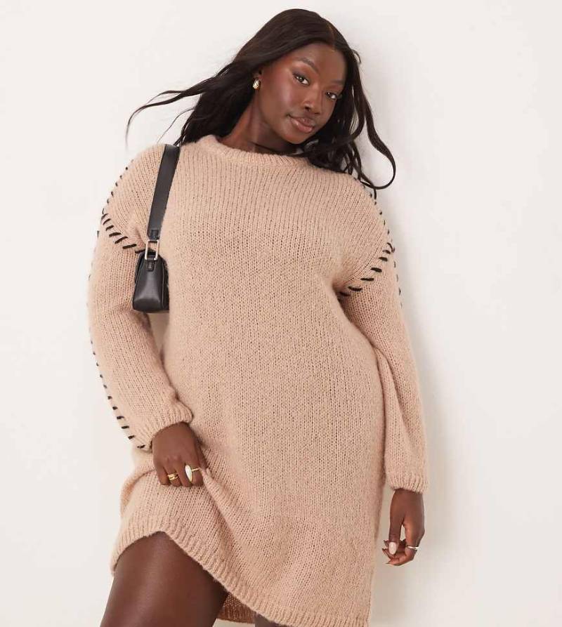 VILA Curve - Kurzes, gestricktes Pulloverkleid in Beige mit Kontrastnaht-Neutral von Vila Curve