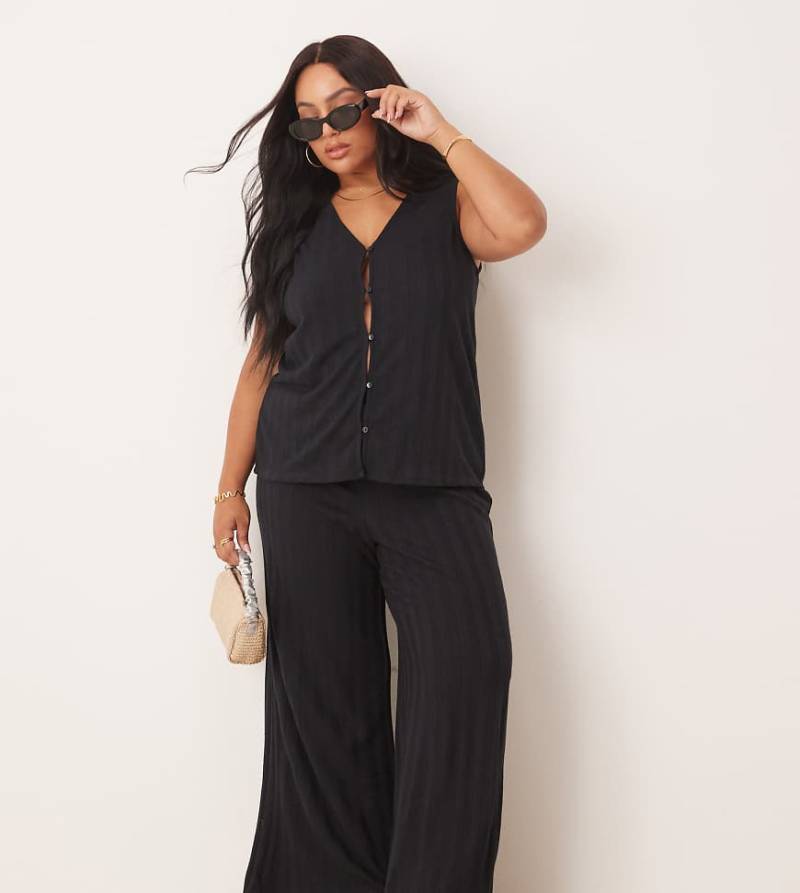 VILA Curve - Leichte Strickhose in Schwarz mit weitem Bein, Kombiteil von Vila Curve