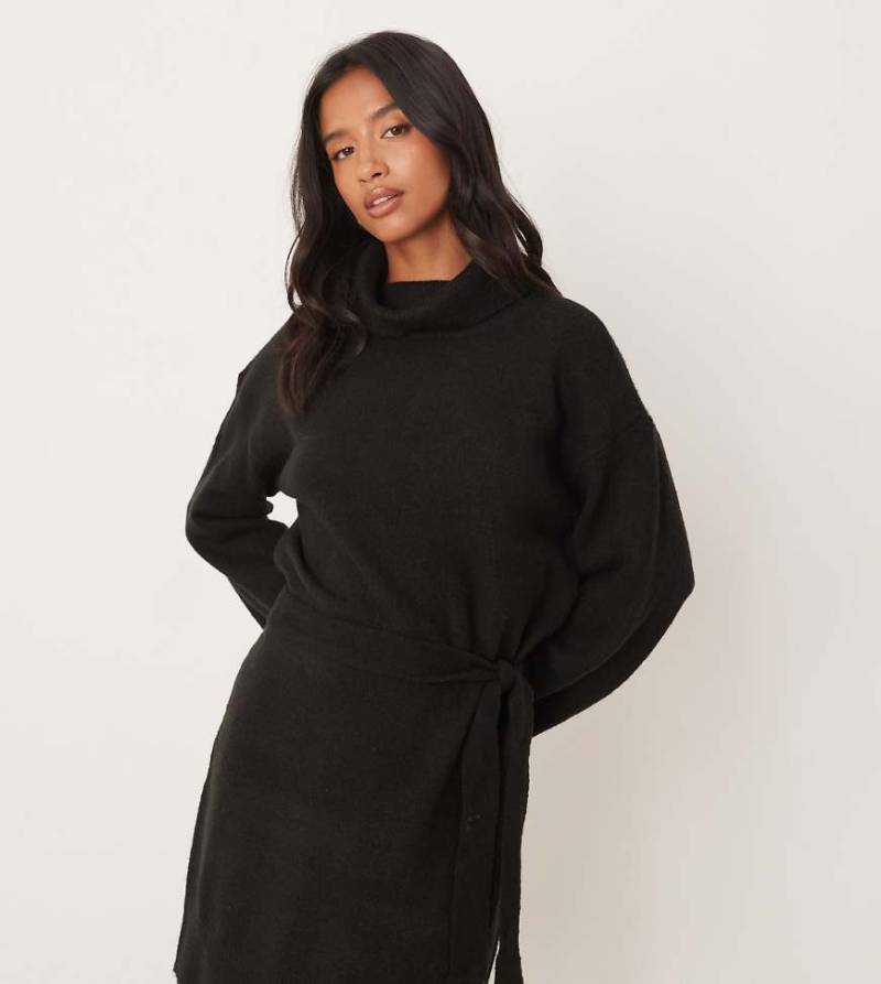 VILA Petite - Hochgeschlossenes Mini-Strickkleid in Schwarz mit Taillenschnürung von Vila Petite