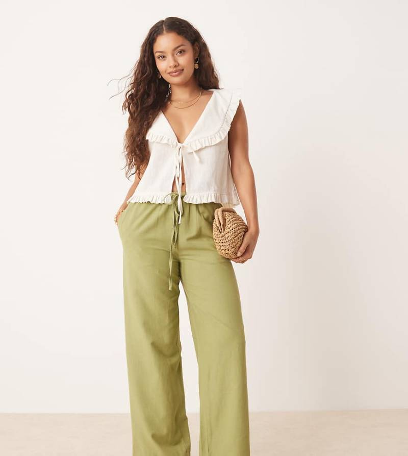 VILA Petite - Hose aus Leinenimitat in Salbeigrün mit Bindegürtel und weitem Bein von Vila Petite